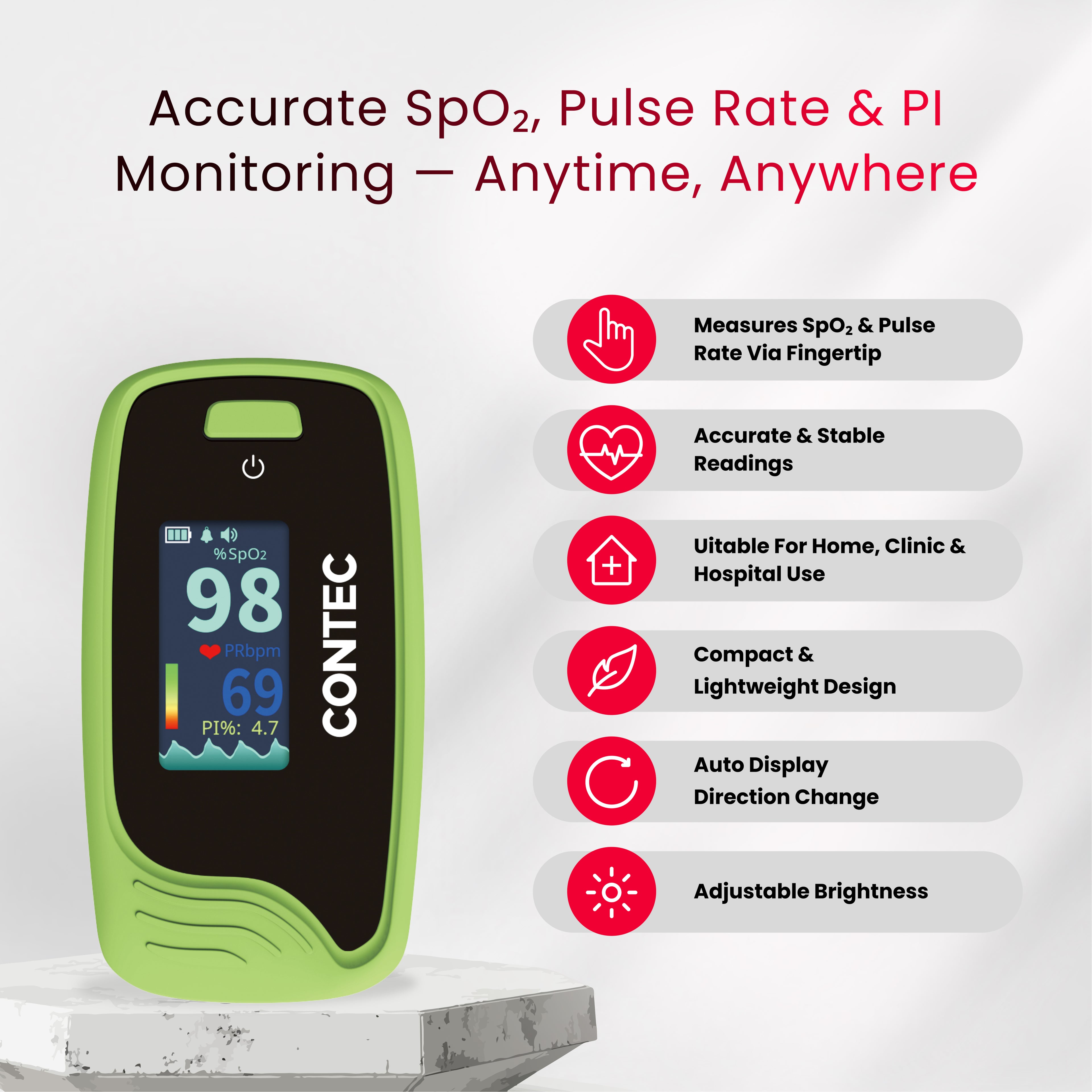 CMS50-Pro Fingertip Pulse Oximeter – SpO₂, Pulse Rate & PI Monitor with Waveform Display.