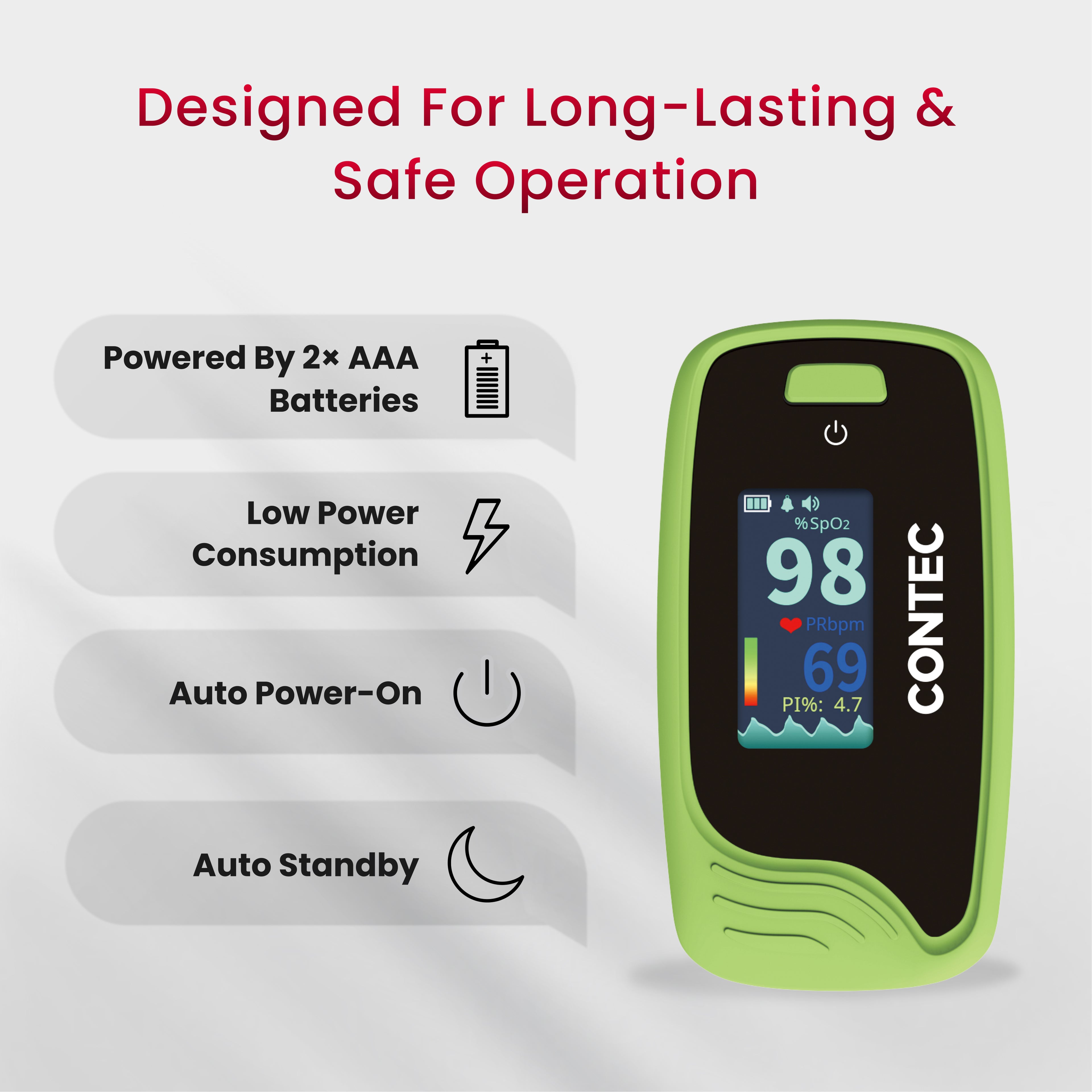 CMS50-Pro Fingertip Pulse Oximeter – SpO₂, Pulse Rate & PI Monitor with Waveform Display.