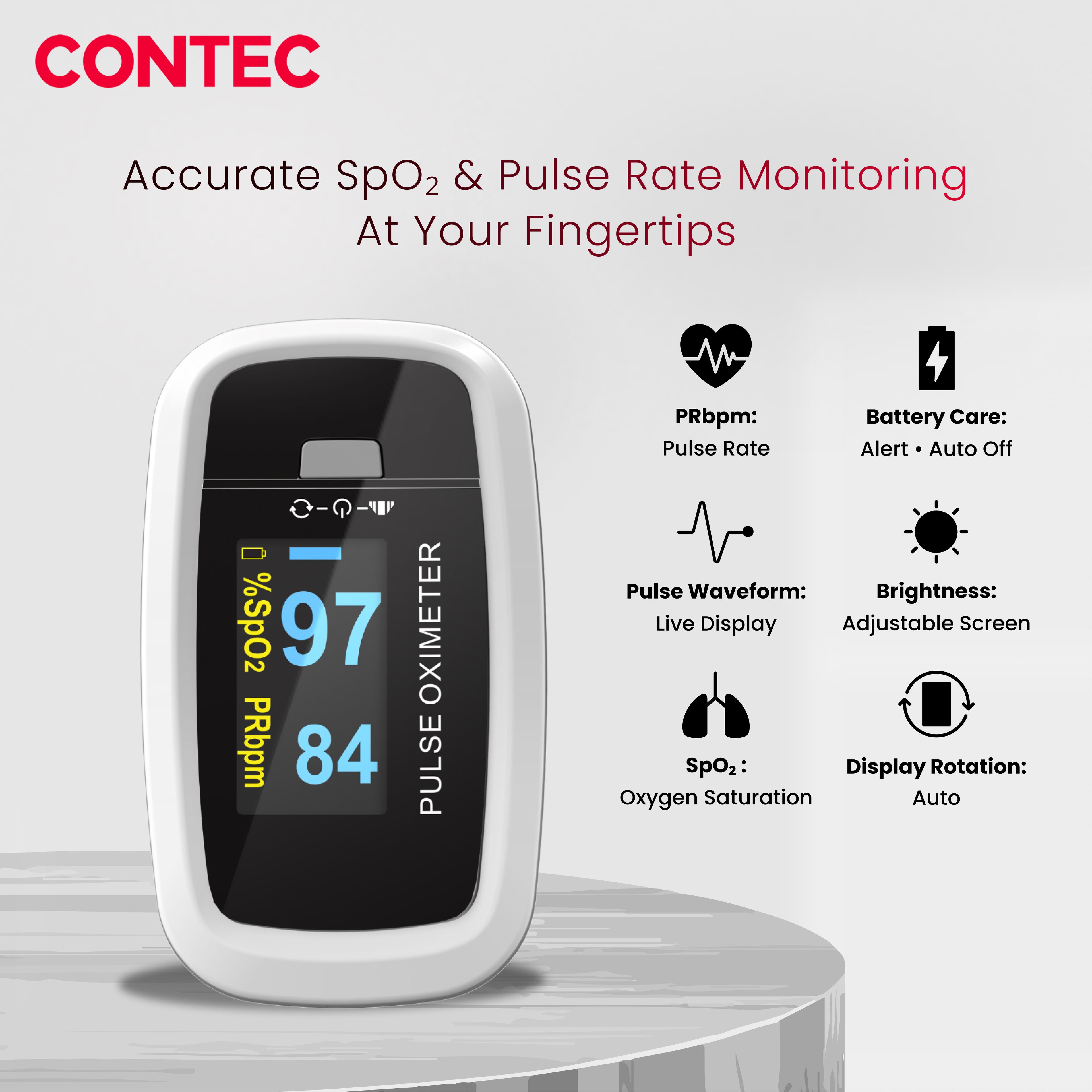 CMS50D1 Fingertip Pulse Oximeter – SpO₂ & Pulse Rate Monitor with Pulse Waveform Display.