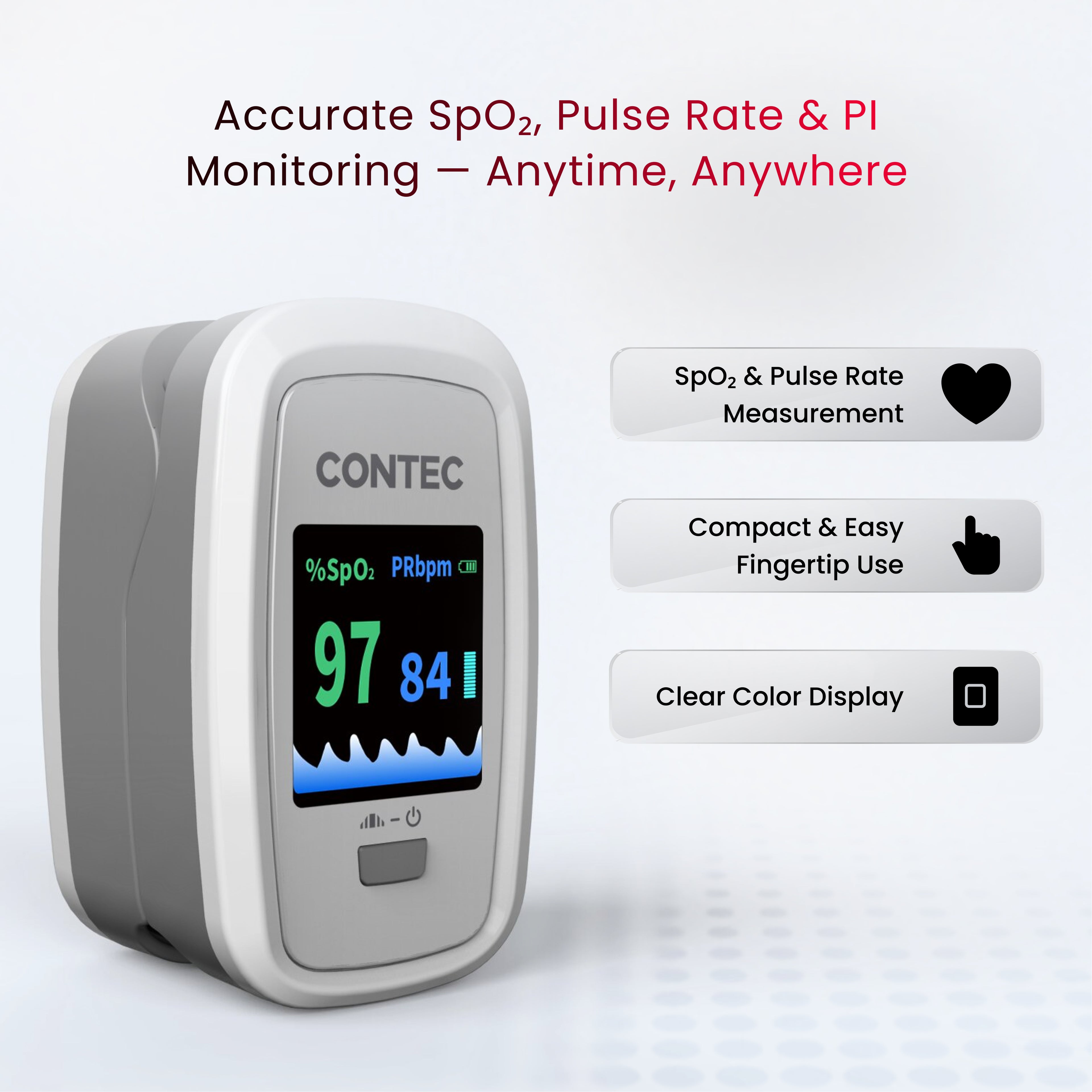 CMS50D1-Pro Fingertip Pulse Oximeter – SpO₂, Pulse Rate & PI Monitor with Waveform Display.