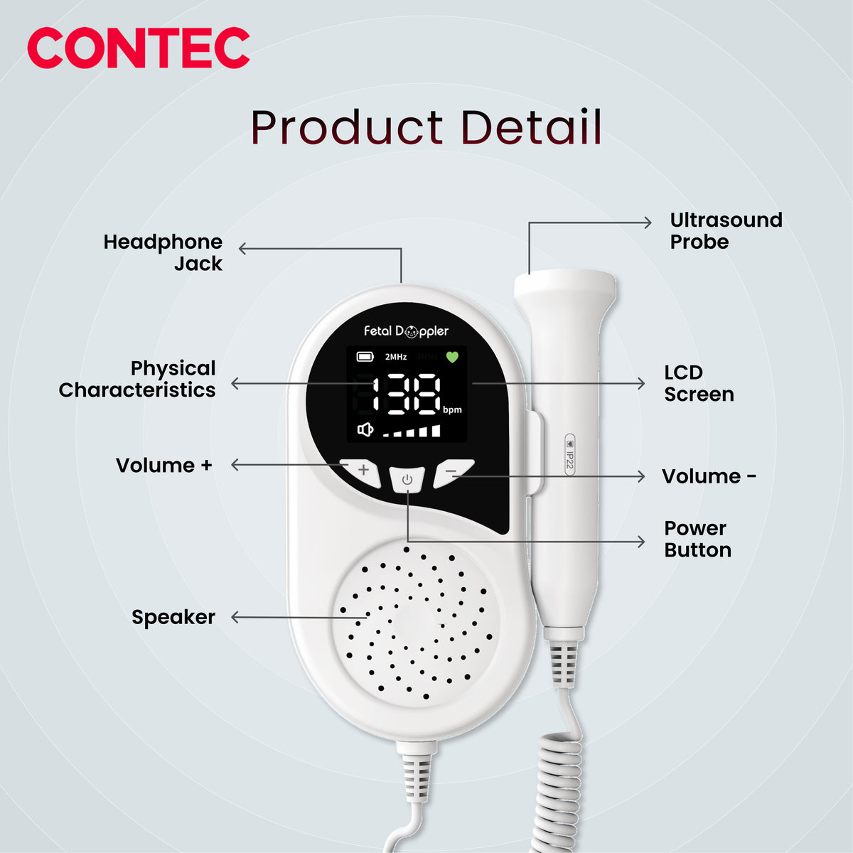 CONTEC10B Pocket Fetal Doppler – Portable Fetal Heart Rate Monitor ...