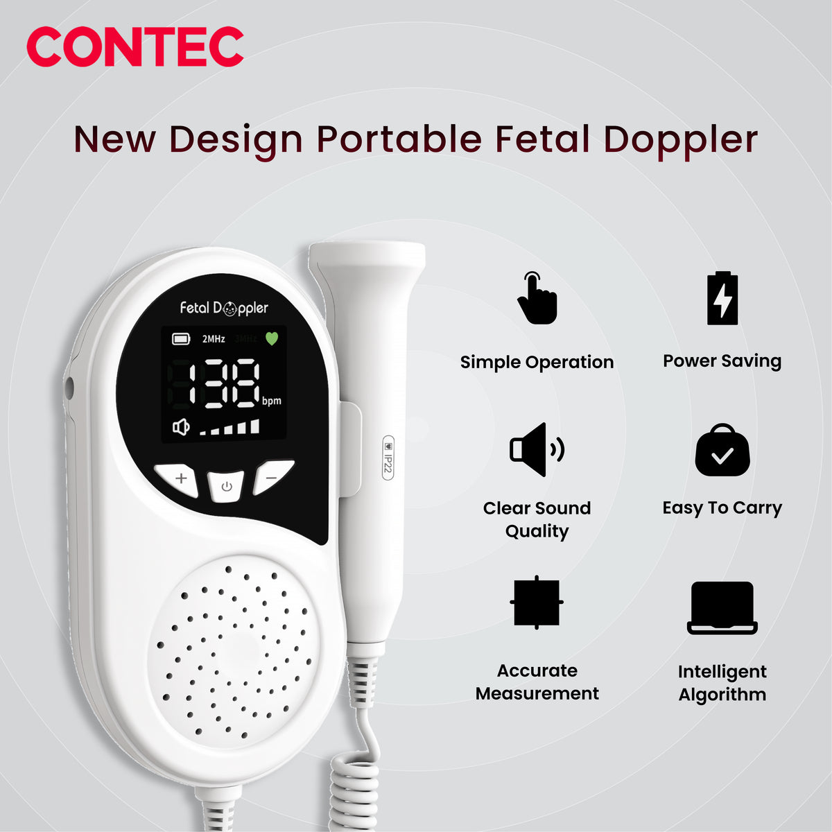CONTEC10B Pocket Fetal Doppler – Portable Fetal Heart Rate Monitor ...