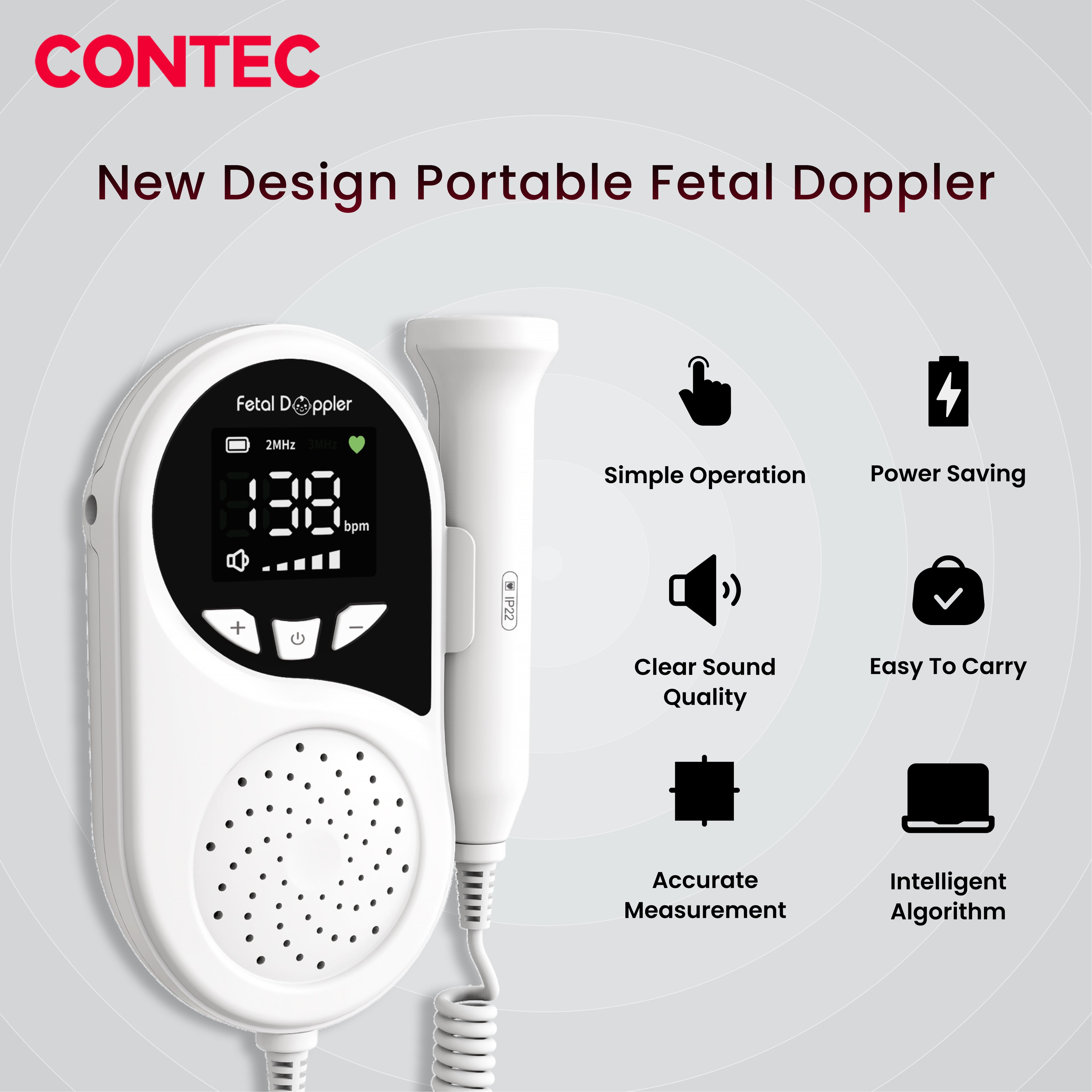 CONTEC10B Pocket Fetal Doppler – Portable Fetal Heart Rate Monitor.
